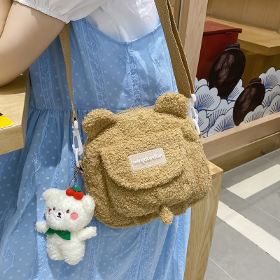 Korean Lovely Bag 2021 New Bear Canvas Bag Messenger Bag Japanese Girl Student Lamb Wool Shoulder Bag