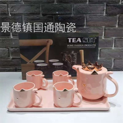 Jingdezhen Water Utensils Set Porcelain Tea Brewing Household Light Luxury Afternoon Tea Set Teapot Water Cup Manual Painting Golden with Tray
