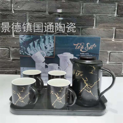 Jingdezhen Northern European-Style Affordable Luxury Style Ceramic Cup Set Household Minimalist Creative Living Room Electroplating Manual Painting Golden Pot
