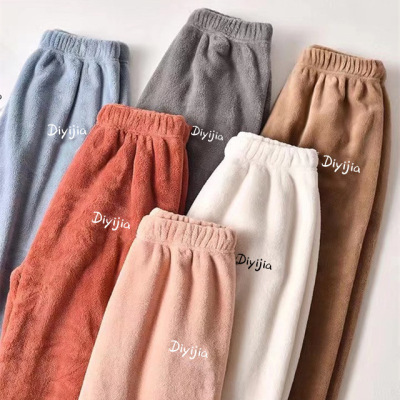 Trending Cute Girl Warm Sports Pants Female Winter Thermal Coral Fleece Leisure Baggy Pajama Pants Home Students Lazypants