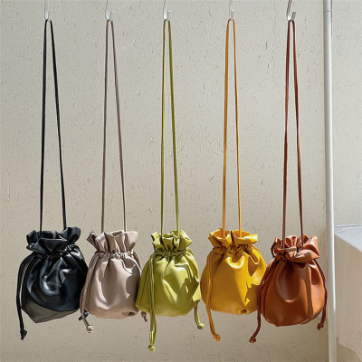 Spring 2022 Korean Style Bag Women's Candy Color All-Matching Drawstring Pleated Simple Sweet Shoulder Cross Body Bucket Bag