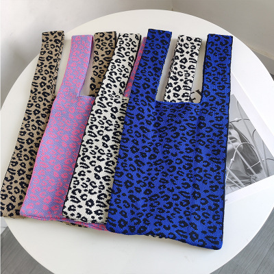 New Shoulder Woven Bag Leopard Print Clutch Korean Ins Special-Interest Design Knitted Contrast Color Crossbody Small Clutch