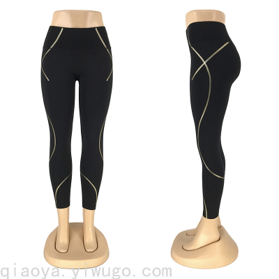 New Yoga Pants Women's Line Offset Printing High Waist Leggings Cropped Pants Fitness Pants Skinny Running Sports Pants
