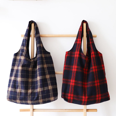 INS Autumn and Winter Plaid Woolen Cloth Shoulder Bag Korean Style Artistic Retro Fashion Canvas Bag Casual Simple Handbag