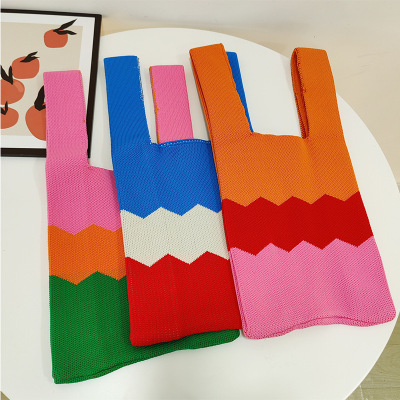 Amazon Sources Handbag Japanese and Korean Contrast Color Striped Vest Knitted Shoulder Tote Bag Woven Factory Direct Sales