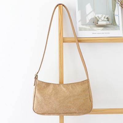 Korean Washed-out Kraft Paper Handbag Vintage Fashion Pleated Shoulder Bag for Women Simple Western Style Tyvek Underarm Bag