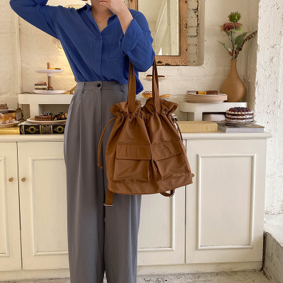 INS Korean Style Bag Women's Bag New 2022 Fashion Outer Bag Portable Shoulder Bag Oxford Pleated Bucket Backpack