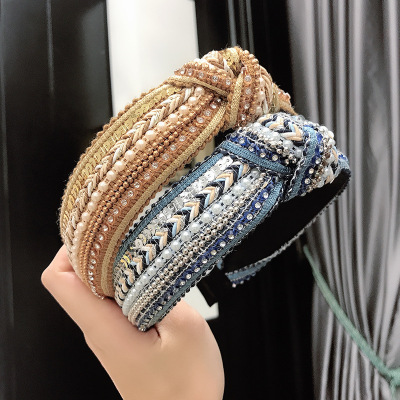 Customized Korean Style Autumn and Winter New Christmas Headband Ethnic Air Drill Knotted Headband Rhinestone Pearl Face Wash Hair Bands Women