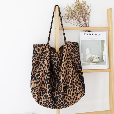 Korean Fashion Leopard Print Woven Handbag Casual Retro Flannel Large Shoulder Bag Graceful Personality Large Capacity Canvas Bag