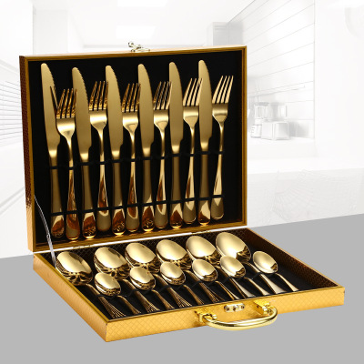 Stainless Steel Tableware 24-Piece Set Knife, Fork and Spoon Wooden Box Tableware Set Steak Knife, Fork and Spoon Gift Box