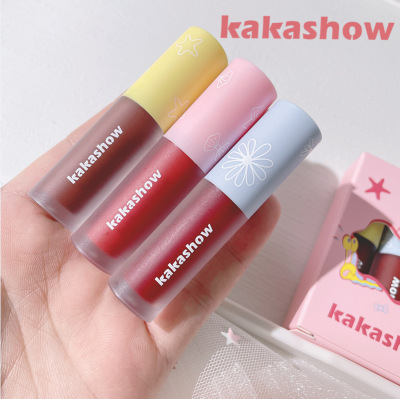 Kakashow Soft Pink Sagiri Feeling Mini Lip Mud Three Brushes Set Matte Finish Lip Gloss Air Lip Lacquer Gift Box