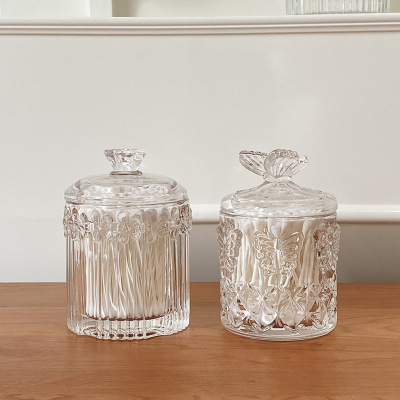INS Retro French Embossed Glass Storage Jar Table Decorative Ornaments Cosmetic Cotton Swab Jar with Lid Storage Box