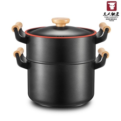 Three-Person Blacksmith Factory Wholesale Iron inside and outside Non-Stick Stew Pot Steamer Double Bottom Dual-Sided Stockpot Two-Piece Set