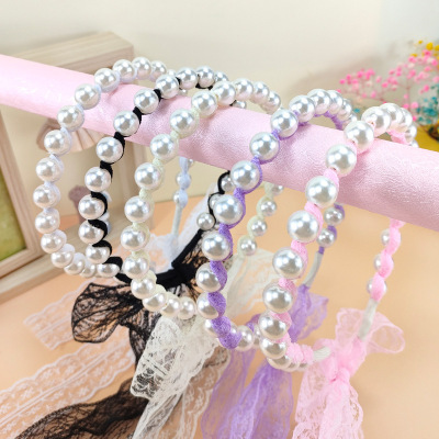 New Lace Pearl Headband Elegant Super Fairy Retro Style Headdress Winding Bow Ribbon Headband Girl's Hair Accessories