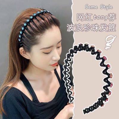 Instafamous Hairband Women's Rhinestone Wave Toothed Headband Korean Style Outdoor All-Matching Hair Fixer Non-Slip Shredded Hairpin Headdress Hairband