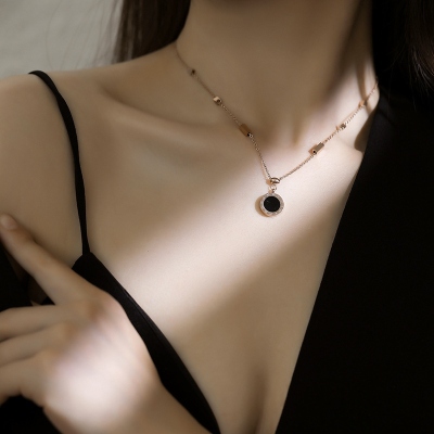 European and American Titanium Steel Rose Gold Plated Roman Double-Sided round Necklace Female Accessories Pendant Fashion Temperament Entry Lux Clavicle Chain