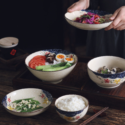 Ceramic Pot King Japanese Style Tableware Cherry Blossom Retro Tableware Small Artistic Tableware Creative Bowls and Dishes Spoon Color Matching High Leg Noodle Bowl