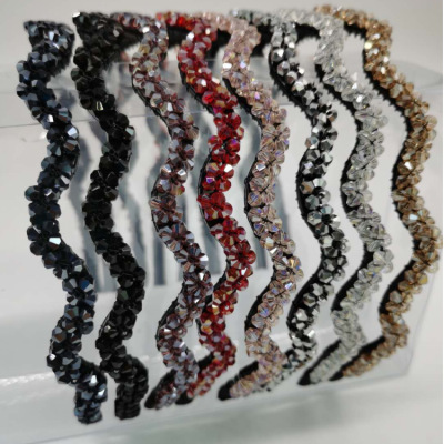 Korean Sweet Hairband Crystal Two Rows Wave S-Shaped Handmade Fishing Line Beaded Hairpin with Teeth Hair Fixer Ring