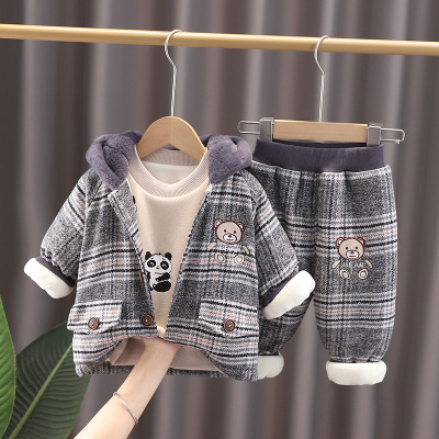  Children's Suit Autumn and Winter Western Style Boys and Girls Thick Quilted Sweater Coat Sweatpants Three-Piece Suit