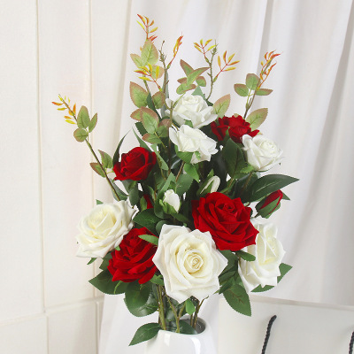Three-Head Flannel Angle Rose a Bouquet of Roses Red Rose Artificial Flower Living Room Home Decoration Floral Wedding Road Lead Set