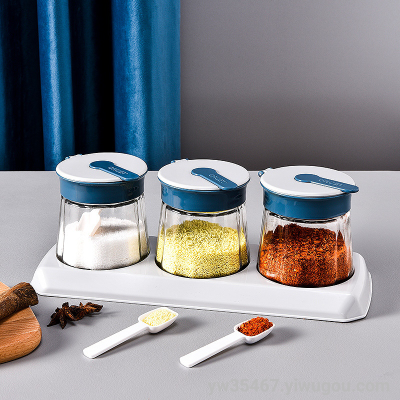 X44-2031 AIRSUN Glass Transparent Condiment Dispenser Three Groups Kitchen Household Flip Salt MSG Seasoning Jar with Spoon
