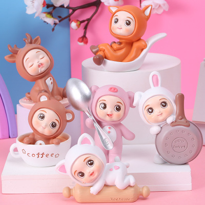 Xiaorenguo Kitchen Blind Box Fashion Play Hand-Made Kitchen Toy Grocery Store Cartoon Animal Desktop Doll Ornaments Gift