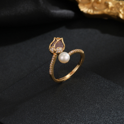 Classic Jewelry Light Luxury and Simplicity Style 18K Gold Plating Natural Freshwater Pearl Ring Bud Diamond White