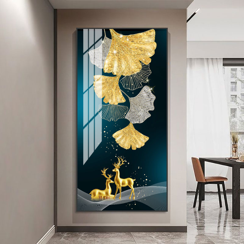 金色银杏叶入户玄关走廊晶瓷材质装饰画轻奢家居墙壁挂画墙画