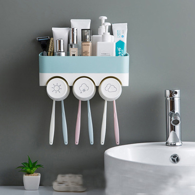 Punch-Free Tooth Glass Suit Toothbrush Cup Holder Storage Rack Couple Bathroom Toothpaste Wall-Mounted Toothbrush Holder