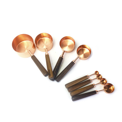 Stainless Steel Rose Gold Measuring Spoon 8-Piece Set Black Walnut Wooden Handle Measuring Spoon with Scale Measuring Spoon Measuring Cup Baking Seasoning Spoon
