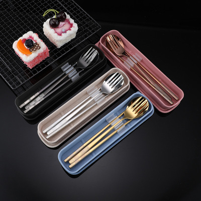 304 Stainless Steel Spoon Chopsticks Portable Student Tableware Set Cute Chopsticks Travel Box Wheat Box