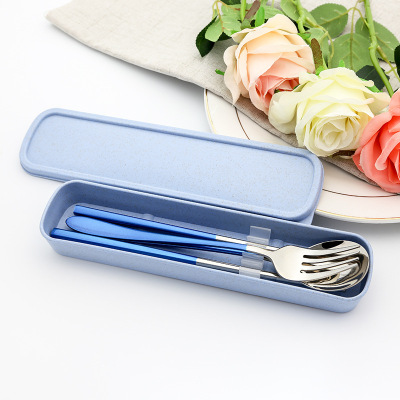 304 Stainless Steel Portable Tableware Set Student Chopsticks Storage Box Travel with Fork Spoon Single Set