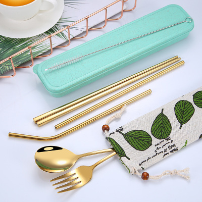 Color Titanium-Plated 304 Stainless Steel Spoon-Chopstick Set Portable Tableware 6-Piece Straw Combination Spork for Western-Style Food