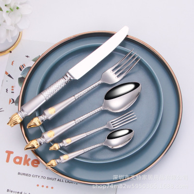 Steak Knife and Fork Five-Piece Torch Tea Spoon Tea Fork High-Grade 24K Gold Plated 304 Stainless Steel Western Food Knife, Fork and Spoon Suit