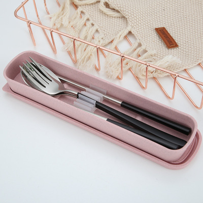 Portable Tableware 304 Stainless Steel Spoon Chopsticks Fork Set Wheat Box Student Travel Gift Tableware