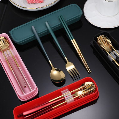 Chopsticks Spoon Kit Portable Tableware Stainless Steel Three-Piece Suit Single Student Storage Lunch Box Laser Tableware Factory