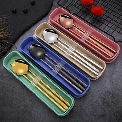 Korean-Style Stainless Steel Tableware Three-Piece Set 304 Stainless Steel Chopsticks Spoon Outdoor Portable Adult Tableware Set