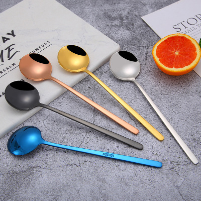 Wholesale 304 Stainless Steel Korean Spoon Large round Spoon Cutlery Mixing Long Handle Spoon Gold Plated Scoop and Spoon