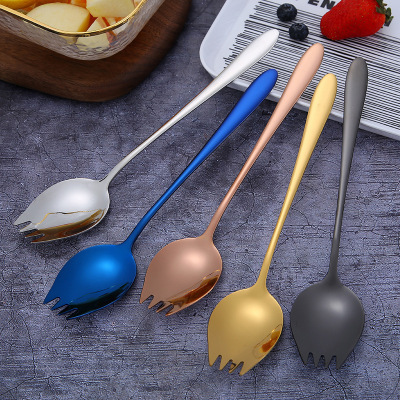 304 Stainless Steel Salad Spoon Long Handle Spork Integrated Spoon Creative Student Household Fruit Fork Soup Spoon Wholesale