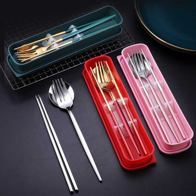 Stainless Steel Spoon Fork Chopsticks Portable Tableware Set Three-Piece Set Work Student Travel Cutlery Box Laser Logo