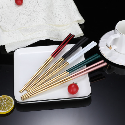 Wholesale 304 Stainless Steel Chopsticks Titanium-Plated Paint Tableware Black Gold Platinum Square Non-Slip Chinese Style Chopsticks Manufacturer