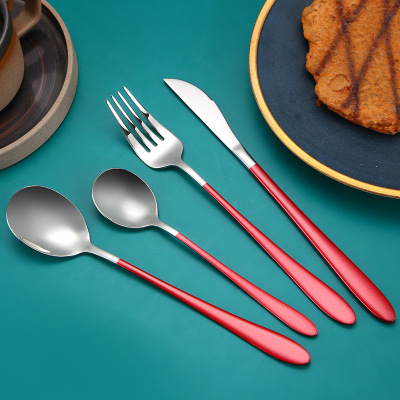 Hotel Titanium-Plated Korean Style Knife, Fork and Spoon 304 Stainless Steel Korean Style Coffee Stir Spoon Lengthened Handle Ice Spoon Scoop and Spoon