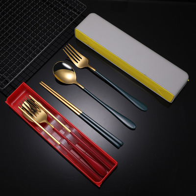 Portable Tableware 304 Chopsticks Spoon Kit Powder Spraying Stainless Steel Tableware Set Fork Spoon Side Pull Wheat Box