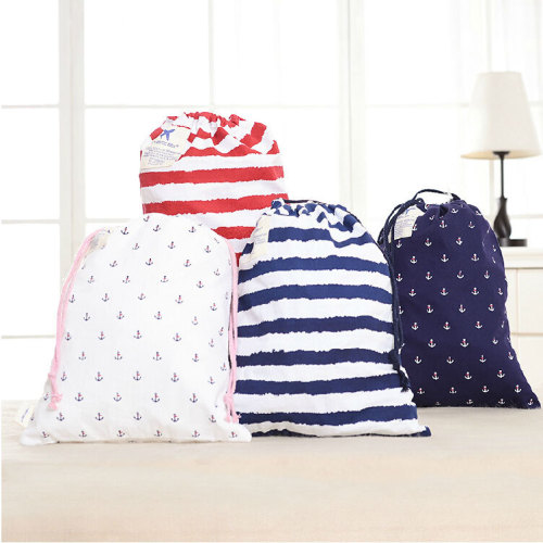 Japanese and Korean Partysu Cotton Drawstring Bag Vintage Blue Striped Navy Travel Buggy Bag Home Storage