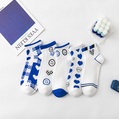 SocksSpring and Summer Blue and White Socks Women's Net Red Fashion Smiley Love Design Short Socks Casual Sports Cotton Socks