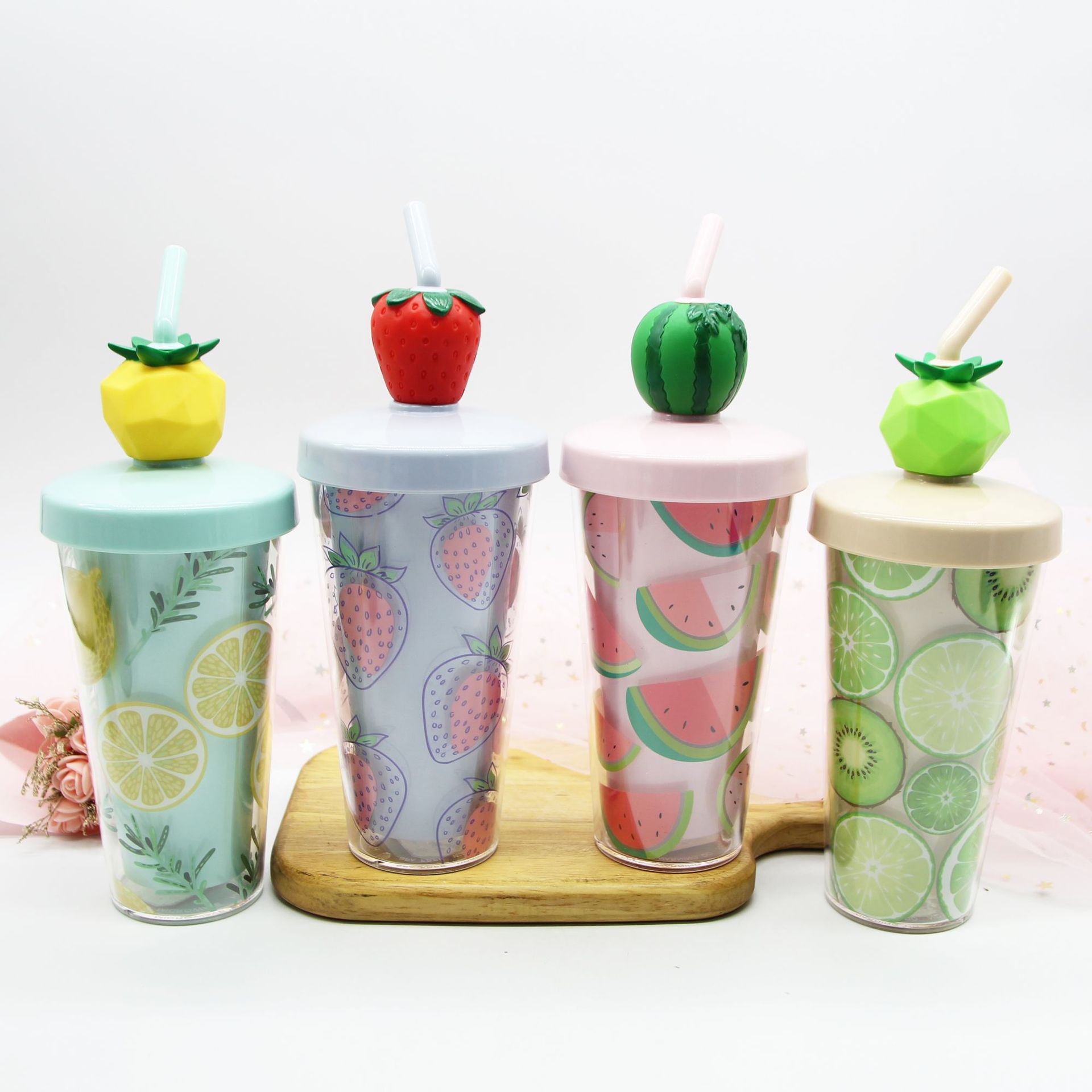 厂家直供水果带盖杯子珍珠奶茶吸管杯透明塑料双层水杯奶昔搅拌杯