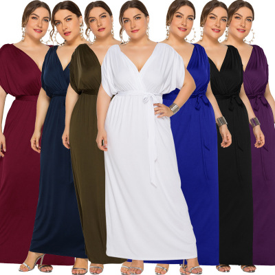 European and American Foreign Trade 2019 Large Size Women's Clothing Amazon Wish New Sexy Solid Color and V-neck Loose Big Hem Dress