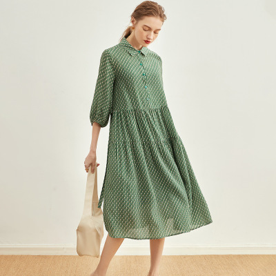 Rongtai Heavy Crepe De Chine Elegant Floral Silk Dress Women's Lace-up Slimming Mulberry Silk Skirt Mid-Length Dress