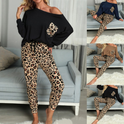 Amazon Women's Clothing 2021 European and American Autumn and Winter Home Leisure Suit Leopard Print Pocket T-shirt Trousers Two-Piece Set