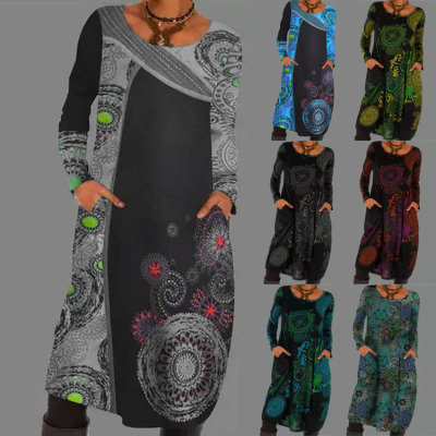 Europe and America Cross Border Independent Station Wish Hot Sale 2021 Autumn and Winter Pullover Print Ethnic Style Dress Long Dress